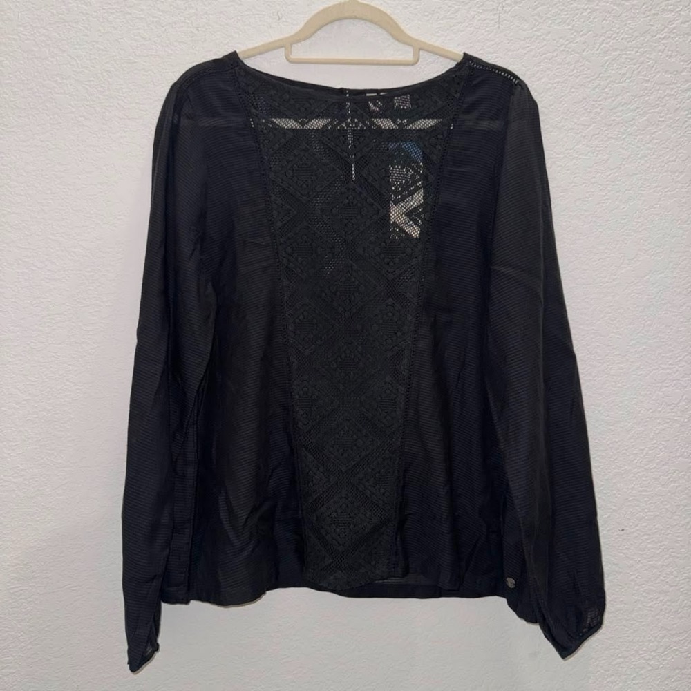 NWT Roxy Women's XL Top Long Sleeves Sheer Black Crochet Lace Pattern Boho Beach